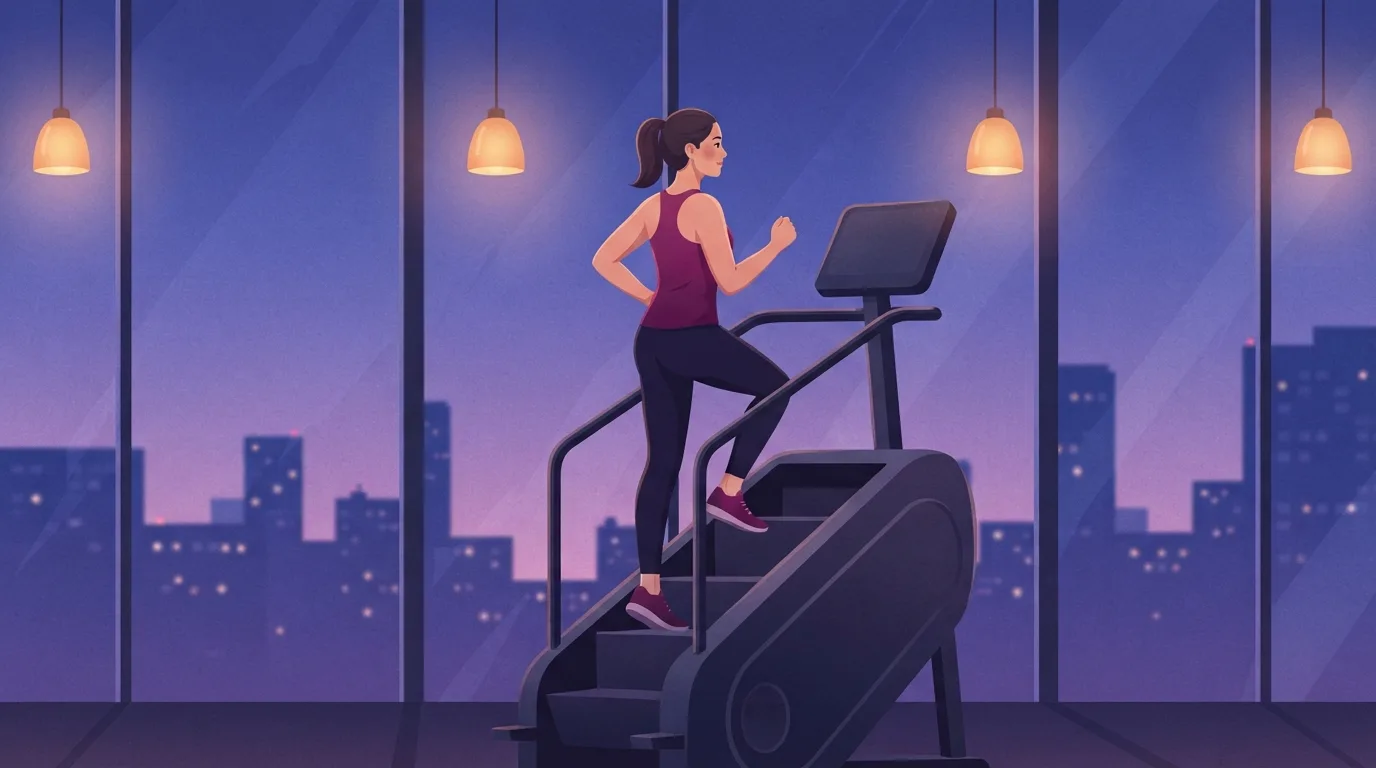 Eine Frau steigt aufrecht auf einem Stair-Stepper-Gerät mit den Händen weg von den Handläufen in einem Fitnessstudio mit hohen Fenstern in der Dämmerung, draußen leuchten die Lichter der Stadt
