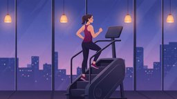 A woman climbing a stair stepper machine upright with her hands off the rails in a gym with tall windows at dusk, city lights glowing outside