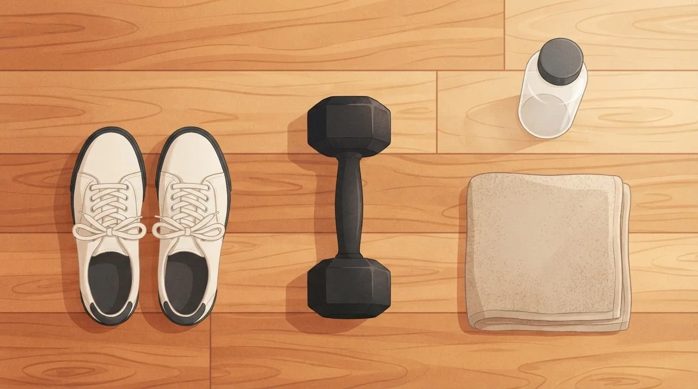 Overhead view of a single hexagonal dumbbell, a pair of sneakers, a folded towel and a water bottle on a wooden floor with no exercise mat, the full kit for a 20-minute standing ab workout with weights