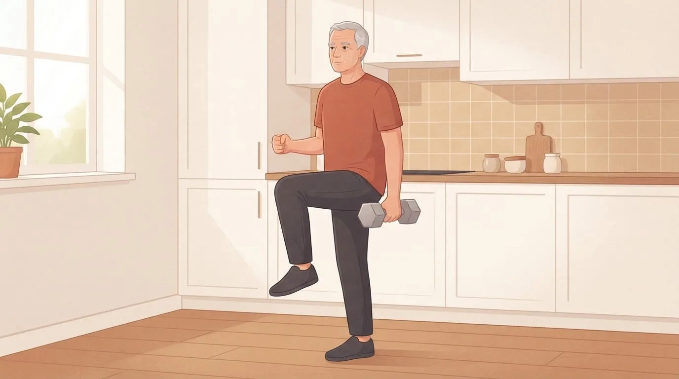 A man in his sixties doing a suitcase march in a bright kitchen, holding one dumbbell in one hand at his side and lifting one knee to hip height while standing upright, a standing core exercise that also trains balance