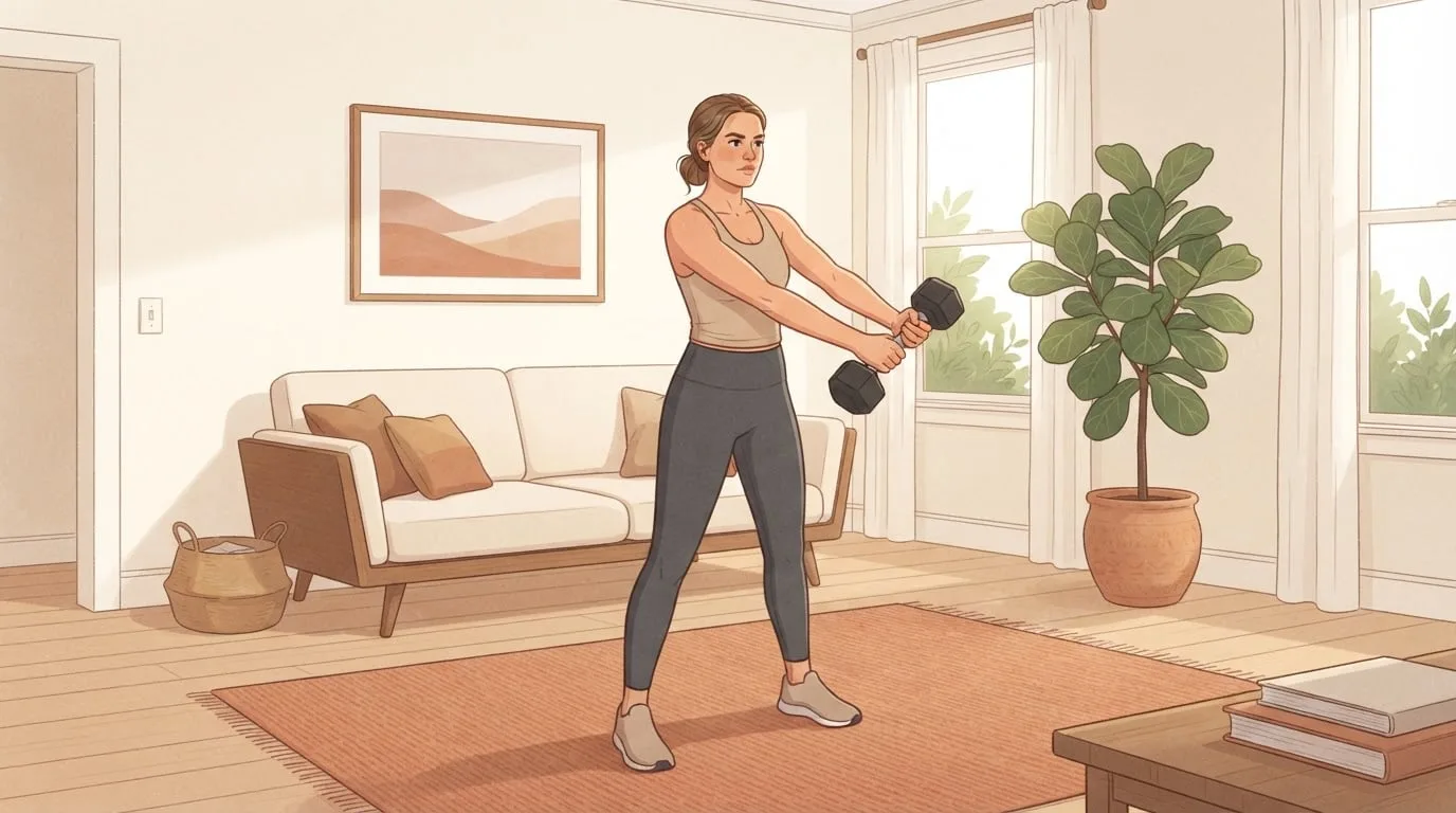 A woman doing a standing wood chop with one dumbbell held in both hands on a terracotta rug in a sunlit living room, part of a standing ab workout with no mat