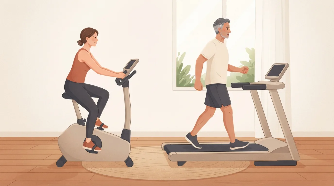 A woman pedaling an upright stationary bike beside a man walking briskly on a treadmill in a bright home exercise room with a wooden floor