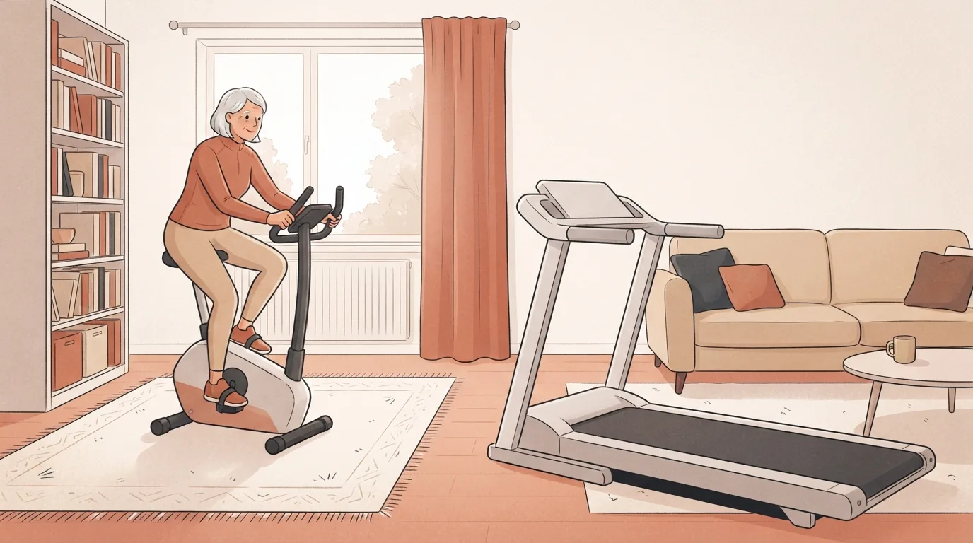 An older woman riding a compact exercise bike in the corner of a small apartment living room, with a full-size treadmill taking up much more floor space across the room