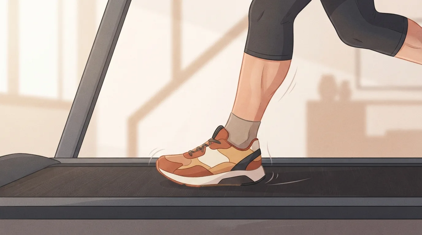 Close-up of a runner's shoe landing on a moving treadmill belt, the calf and ankle tensed as the foot strikes