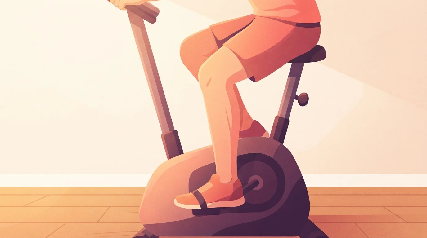 Seitenansicht einer Person auf einem Heimtrainer mit dem Pedal am tiefsten Punkt des Tritts, dem leicht gebeugten Knie und dem Verstellknopf der Sattelstütze unter dem Sattel