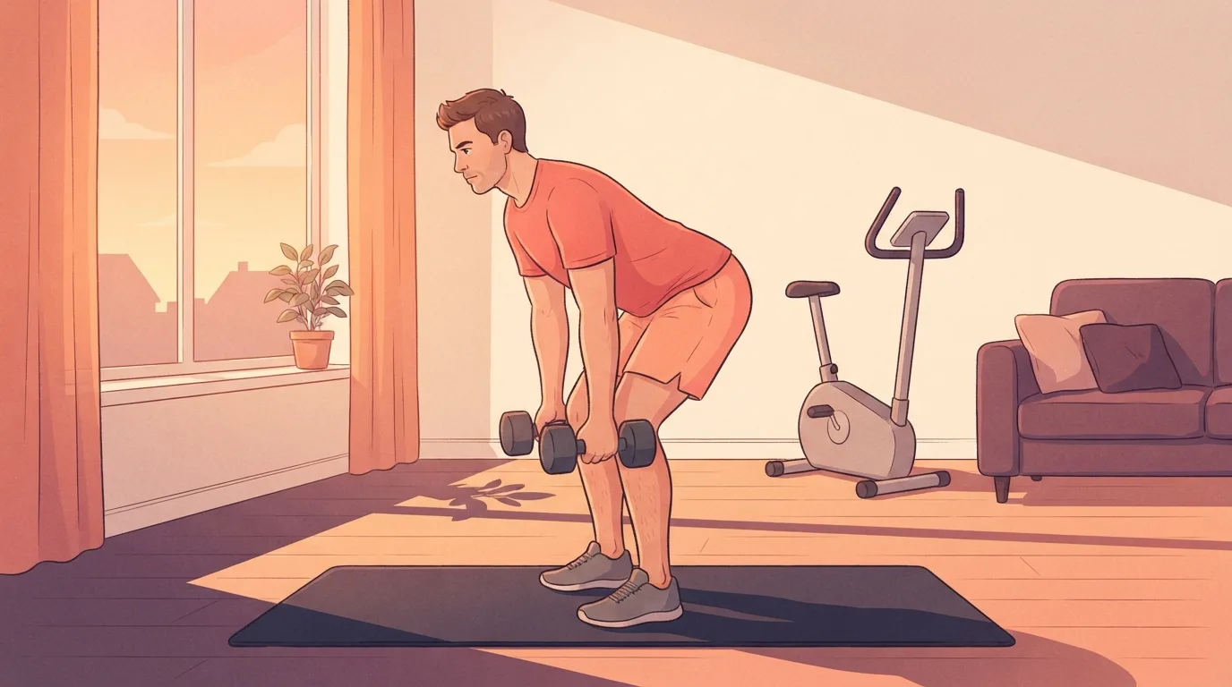 Ein Mann macht rumänisches Kreuzheben mit Kurzhanteln auf einer Yogamatte in einem sonnigen Wohnzimmer, hinter ihm lehnt ein Heimtrainer an der Wand