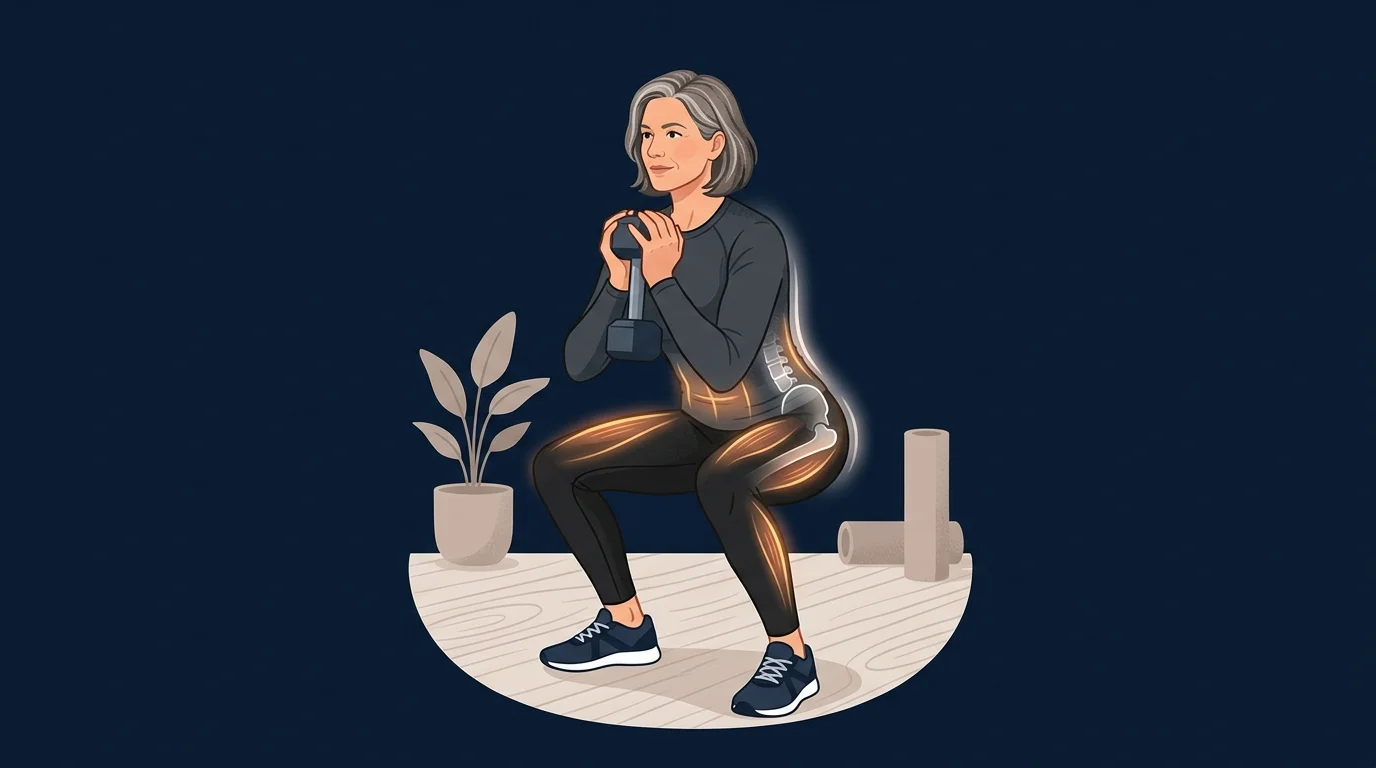Editorial illustration of a postmenopausal woman performing a dumbbell strength exercise at home, showing muscle and bone as the tissues that respond to progressive resistance training