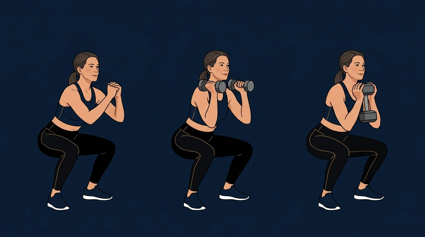 Editorial illustration of an eight-week progression from bodyweight movement patterns to loaded dumbbell strength training for postmenopausal women
