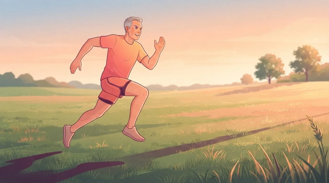 A grey-haired man in a coral running shirt and shorts airborne mid-stride across a grassy park field at sunrise, bounding as the plyometric part of strength training for runners