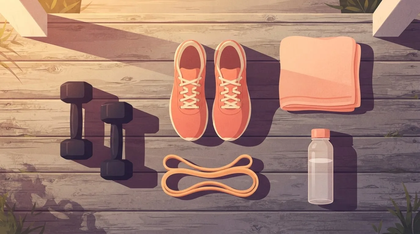 Overhead view of coral running shoes, a pair of plain black hex dumbbells, a looped resistance band, a folded towel and a water bottle on wooden porch boards in early morning light, the kit for strength training for runners at home