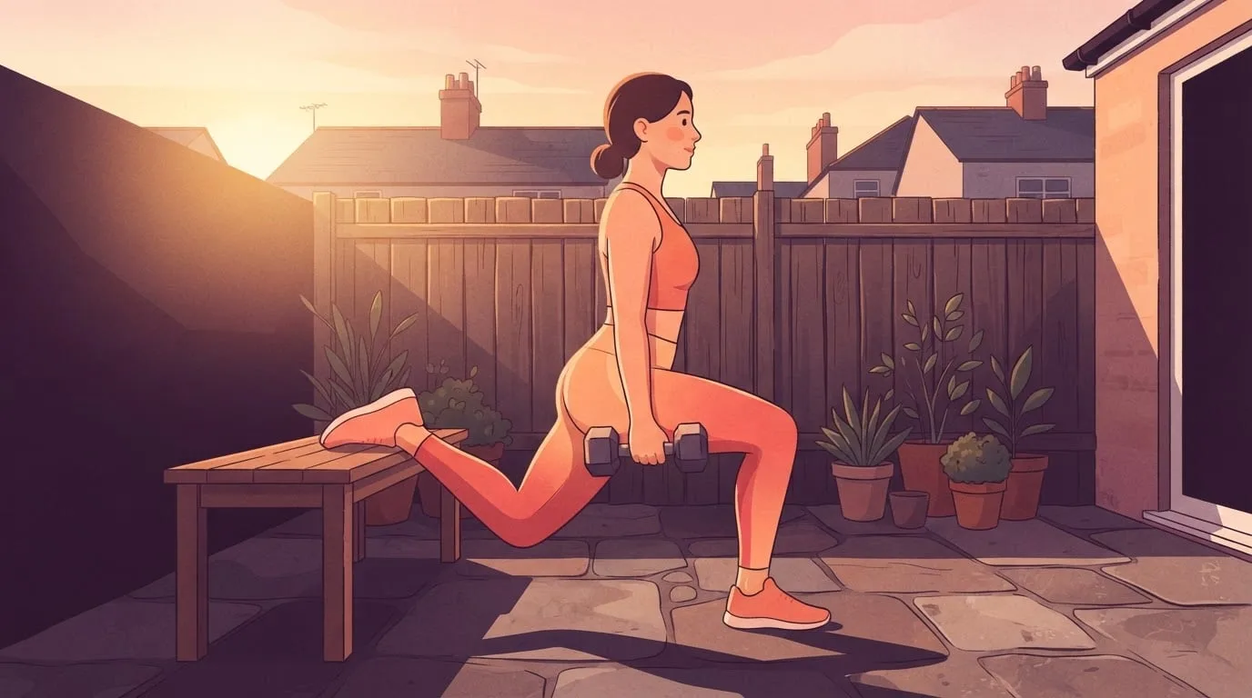 A woman in coral running clothes doing a rear-foot-elevated split squat on a backyard patio at sunrise, her back foot resting on a wooden bench and a dumbbell in her hand, a strength training for runners session at home