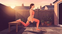 A woman in coral running clothes doing a rear-foot-elevated split squat on a backyard patio at sunrise, her back foot resting on a wooden bench and a dumbbell in her hand, a strength training for runners session at home