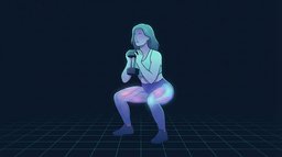 A woman in her forties at the bottom of a goblet squat holding one dumbbell at her chest, quadriceps and glutes lit up as the working muscles