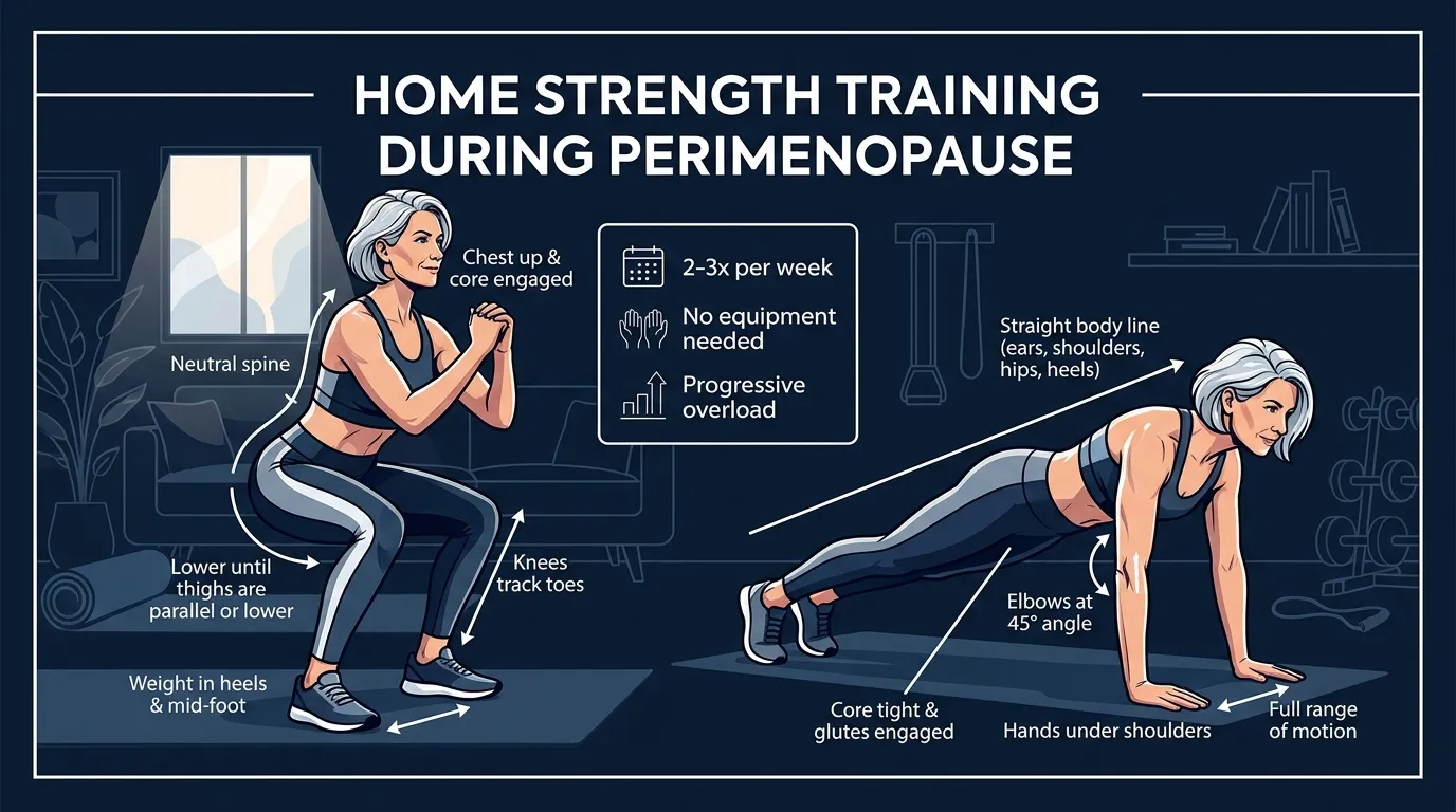 Woman performing bodyweight squat and push-up exercises at home — illustrated editorial style showing perimenopause strength training