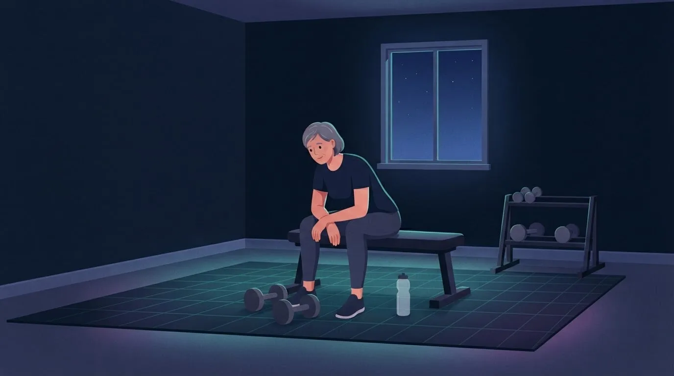 A woman with short gray hair resting on a bench between heavy sets in a small home gym at night, with dumbbells at her feet, a water bottle and a dumbbell rack by the window