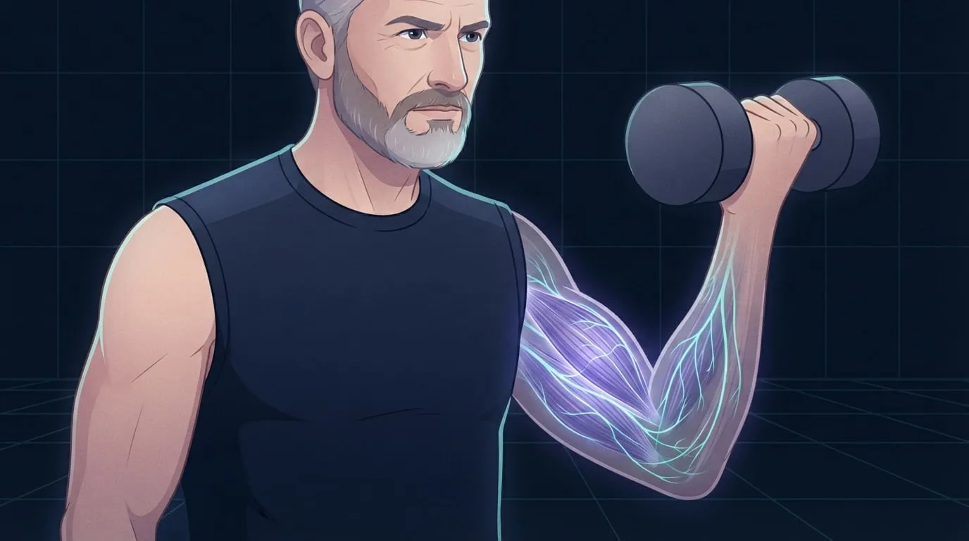 A gray-bearded man curling a dumbbell, with a see-through view of his upper arm showing violet muscle fibers and teal nerve branches running into the muscle