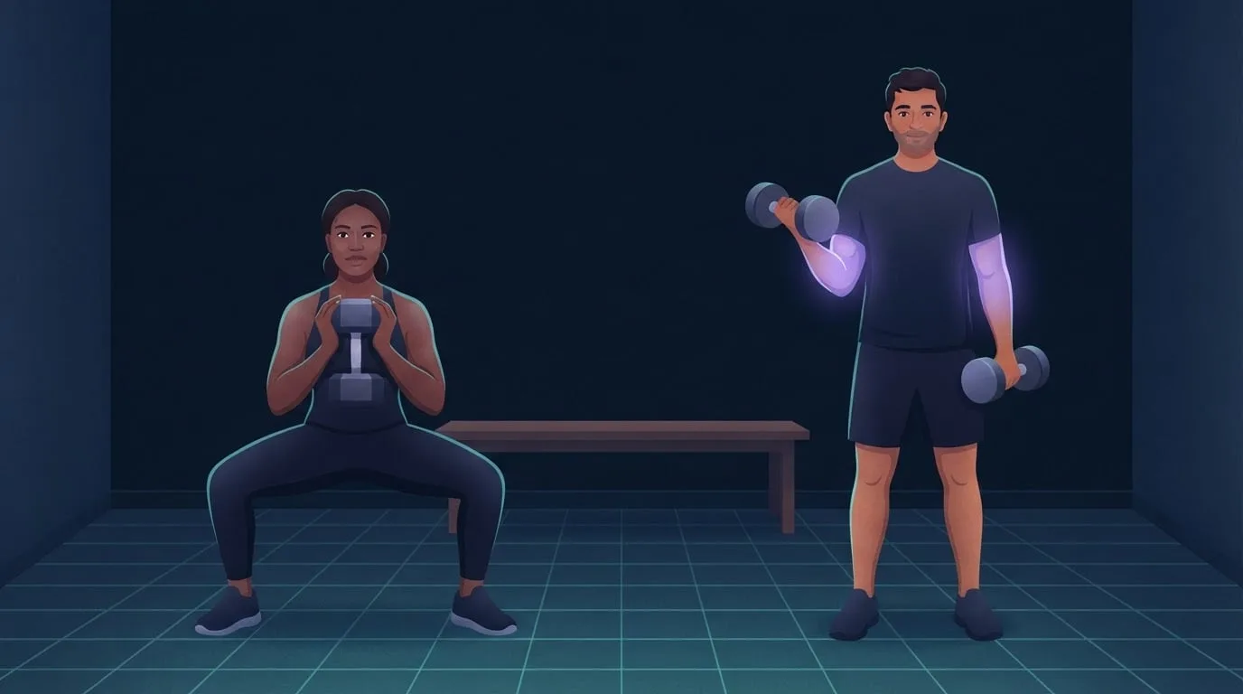 Two adults training side by side in a dark home gym, a woman holding one heavy dumbbell in a deep goblet squat for strength and a man doing a dumbbell curl with his arms glowing violet for hypertrophy