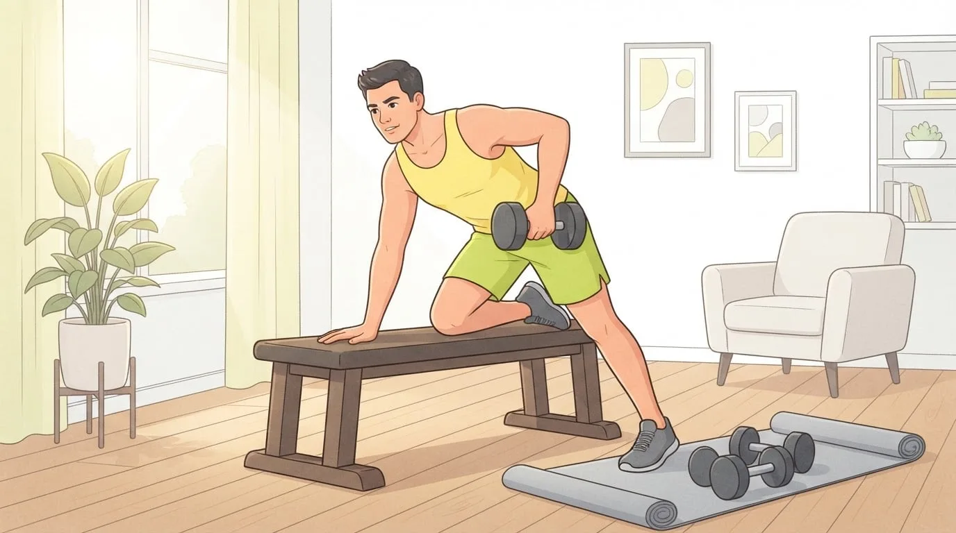 Ein Mann macht in einem sonnigen Wohnzimmer einarmiges Kurzhantelrudern, auf einer Bank abgestützt, während ein zweites Paar Kurzhanteln auf einer Yogamatte auf die nächste Übung seines Supersets wartet