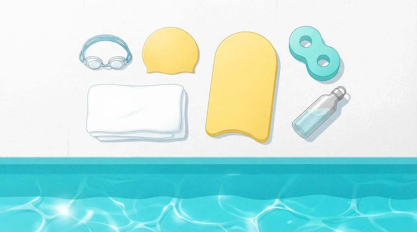 Overhead view of beginner swimming gear laid out on a white pool deck beside turquoise water: goggles, a yellow swim cap, a folded white towel, a yellow kickboard, an aqua pull buoy and a water bottle