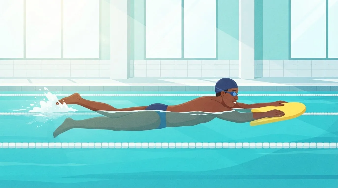 A man in goggles and a navy swim cap holding a yellow kickboard in a sunlit indoor pool, body stretched out flat with long, nearly straight legs making a small splash, a kick drill from a beginner swim workout