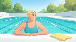 A smiling woman in a yellow swim cap and turquoise swimsuit resting her forearms on the wall of an outdoor pool between lengths, a yellow kickboard on the deck beside her, during a beginner swim workout