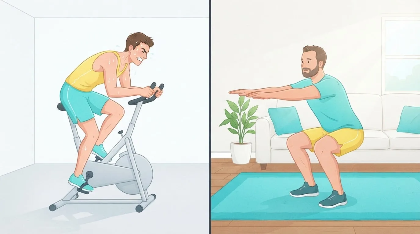 Ilustração lado a lado de um jovem se esforçando em uma bicicleta ergométrica em esforço máximo ao lado de um homem na casa dos quarenta anos fazendo um agachamento tranquilo com peso corporal em uma sala ensolarada, comparando o protocolo Tabata original com um Tabata para iniciantes