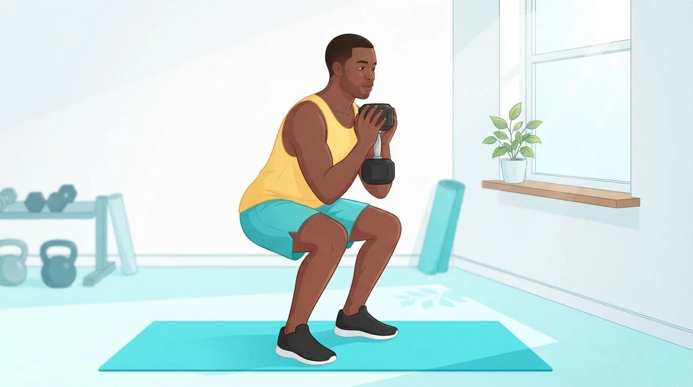 Um homem na casa dos trinta anos fazendo um agachamento goblet com halter em um canto iluminado de uma academia em casa, segurando um halter junto ao peito com o quadril para trás e o peito erguido, um exercício de um treino Tabata com halteres para iniciantes
