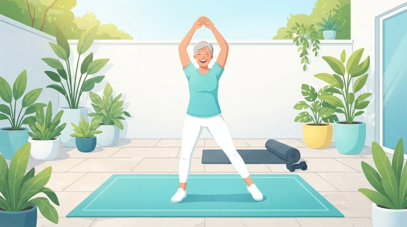 Uma mulher de cabelos grisalhos fazendo step jacks em um pátio ensolarado, com os pés afastados e os dois braços acima da cabeça, com um tapete enrolado e um par de halteres leves atrás dela, um treino Tabata de baixo impacto para iniciantes