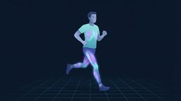 A runner holding a tall, controlled posture at a sustained tempo run effort, with the rib cage and leg muscles glowing to show the working systems