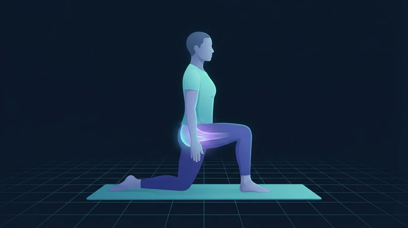 A person in a tall half-kneeling lunge on a mat with the front of the rear hip and the glute on that side glowing, the position that lengthens the hip flexors