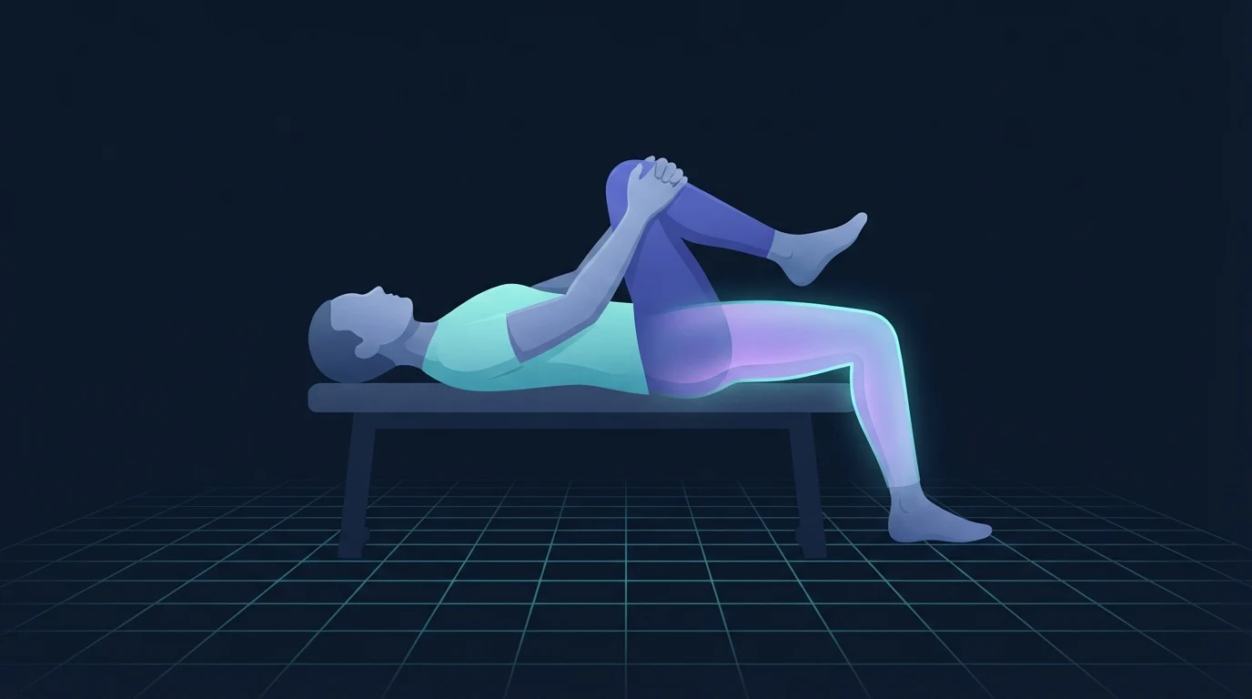 A person lying on a bench pulling one knee to the chest while the opposite thigh floats above horizontal, the pattern that marks a Thomas test as positive