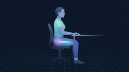 A person seated at a desk in profile with the front of the hip and the top of the thigh glowing, the shortened position the hip flexors hold through a working day
