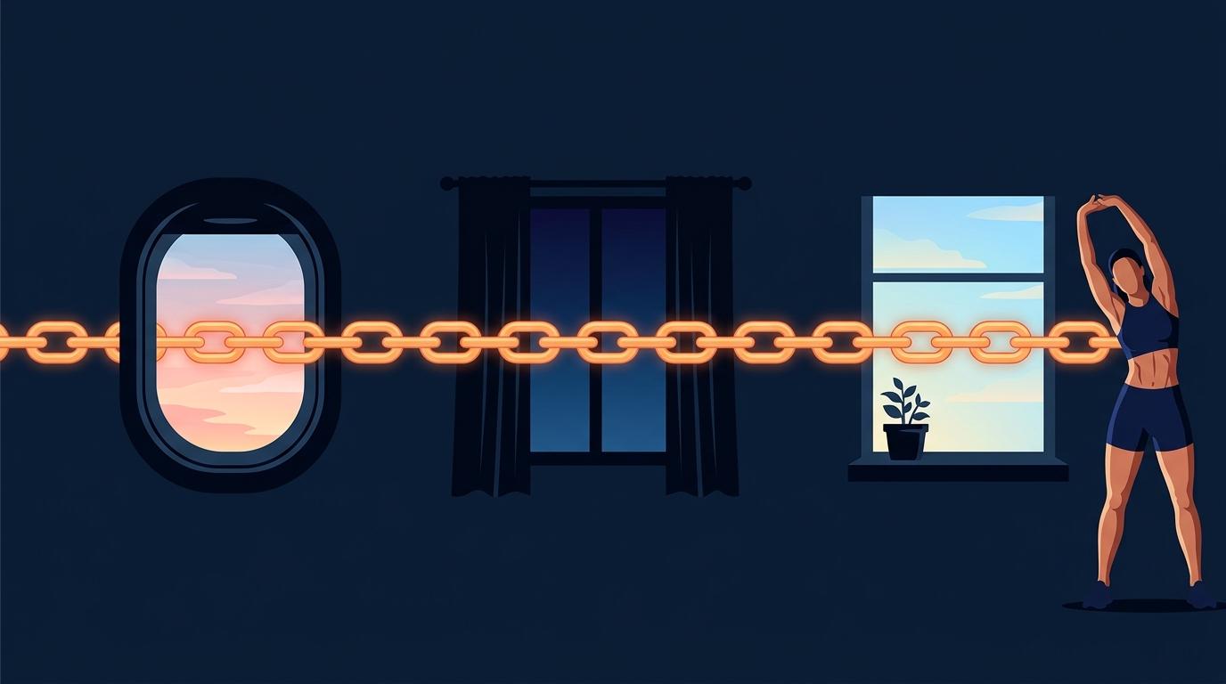 Conceptual illustration of a workout habit anchored to a daily cue that stays constant across time zones during travel