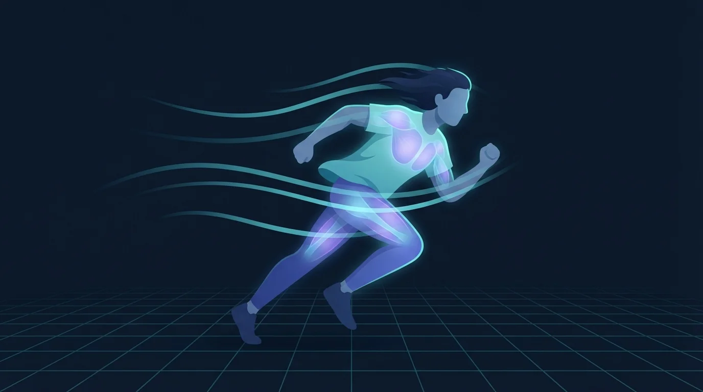 A runner outdoors leaning into a headwind with long cyan wind lines streaming backward around the chest, shoulders and legs