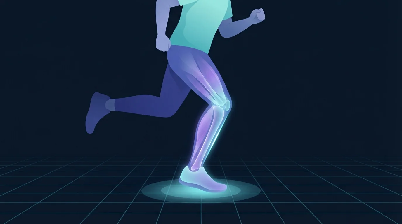 Close side view of a runner's shin, ankle and foot at the moment of footstrike with a cyan shockwave spreading from the point of ground contact