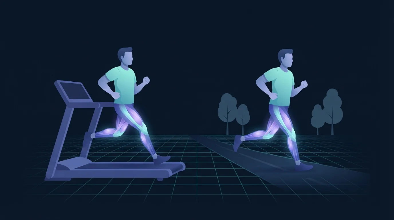 Two runners in identical mid-stride poses side by side, one on a motorised treadmill belt and one on an open road, with the quadriceps, hamstrings and calves glowing on both