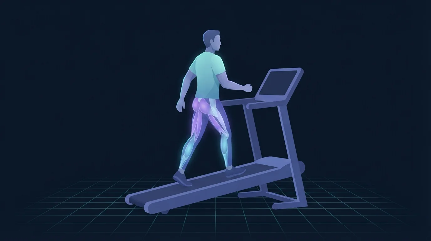 A walker climbing a steeply tilted treadmill deck with both hands off the handrails and the glutes, hamstrings and calves glowing