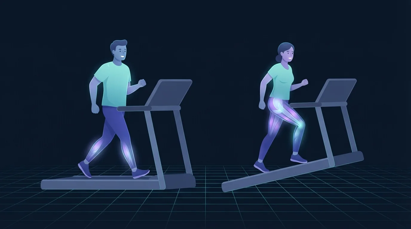 Two walkers on side by side treadmills, one striding fast on a flat deck with the shins lit up and one climbing a tilted deck with the glutes and hamstrings lit up