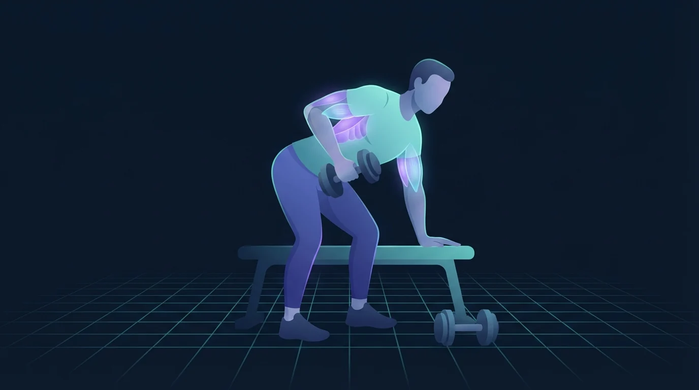 Eine Person stützt sich auf einer Bank ab und zieht eine einzelne Kurzhantel zu den Rippen, mit leuchtendem Latissimus, mittlerem Rücken und hinterer Schulter, die ziehende Hälfte eines Oberkörpertages