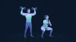 Two people training side by side, one pressing dumbbells overhead with the shoulders and chest lit up and one holding a dumbbell in a deep squat with the thighs and glutes lit up, showing the two halves of an upper lower split