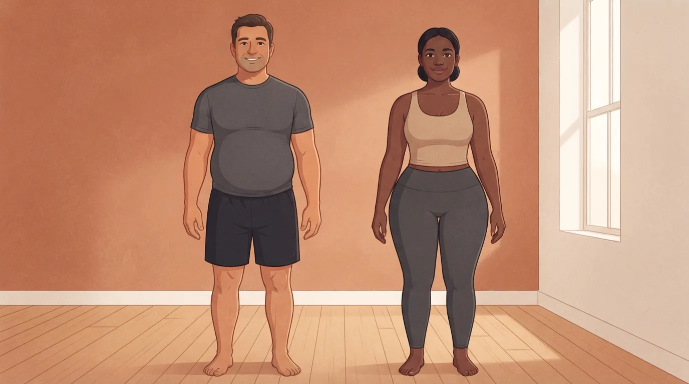 Un hombre que lleva su peso sobre todo alrededor del vientre y una mujer que lo lleva sobre todo en caderas y muslos, de pie uno junto al otro en un estudio cálido, mostrando una relación cintura-cadera más alta y otra más baja
