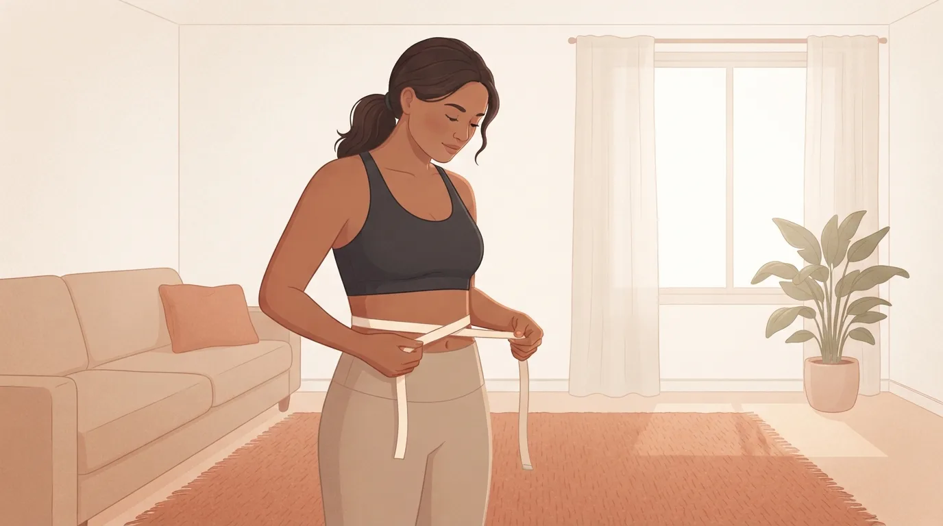 Una mujer de pie y relajada en una sala soleada, rodeando su cintura desnuda con una cinta métrica blanda y lisa, nivelada justo por encima del ombligo, el primer paso para calcular su relación cintura-cadera