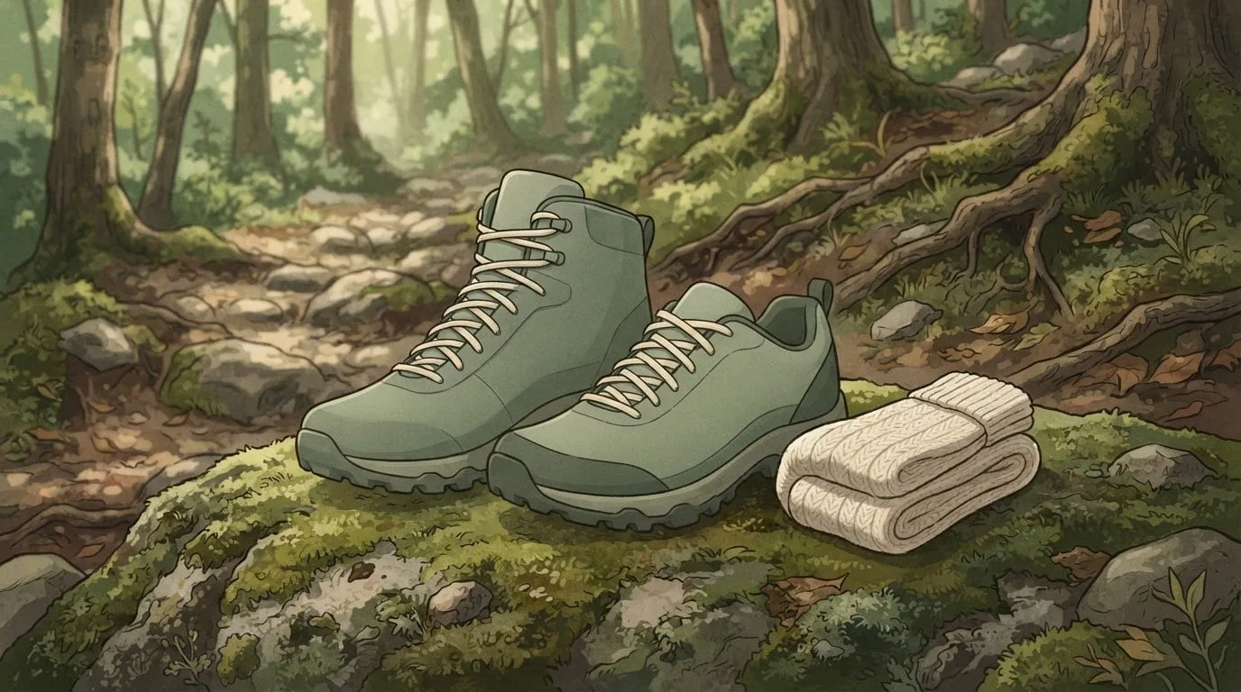 An empty mid-height hiking boot beside an empty low-cut trail shoe on a mossy rock next to a forest trail, both with deep lugged soles, with a pair of rolled wool socks beside them