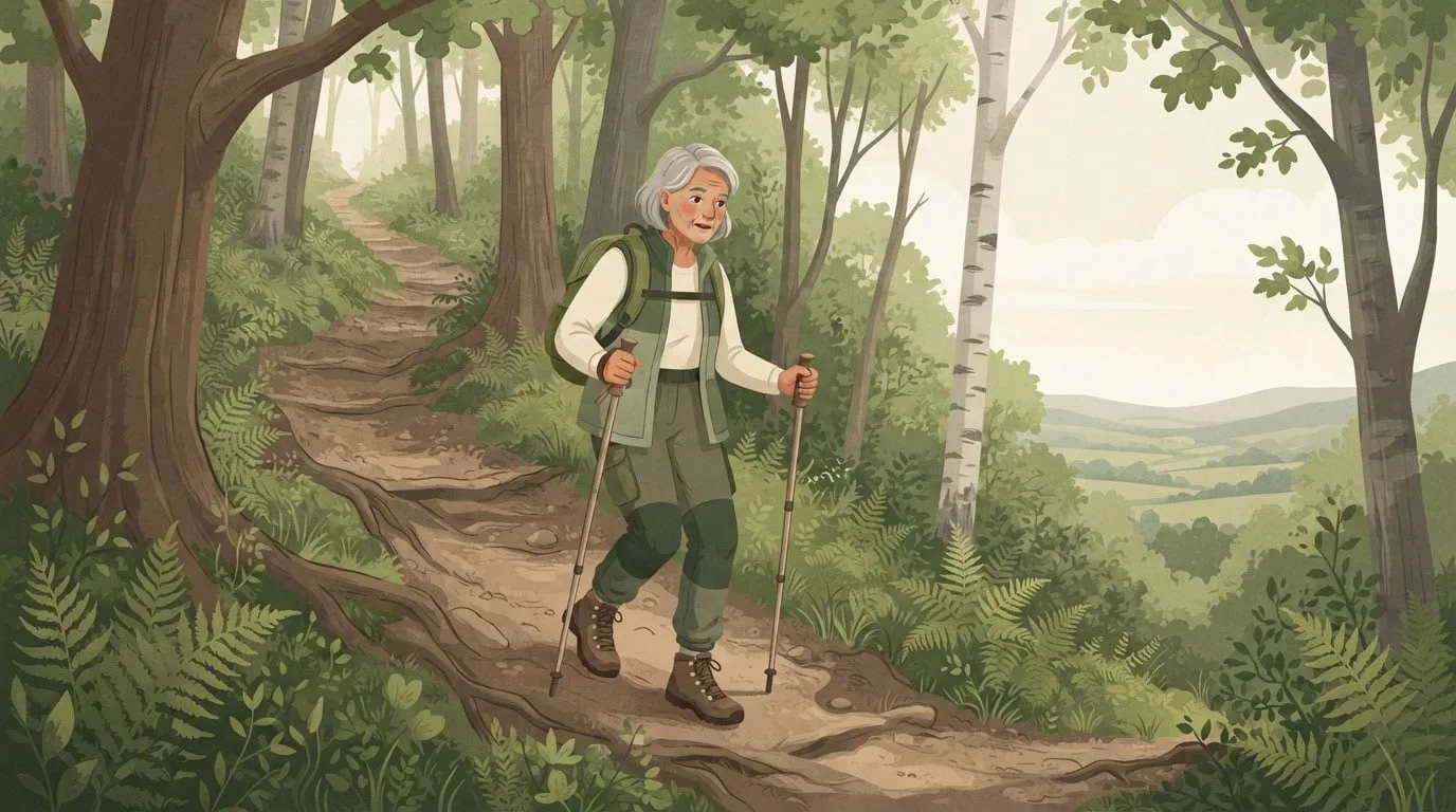 A woman in her sixties with short gray hair hiking down a steep forest trail with two trekking poles and a small daypack, a green valley visible through the trees
