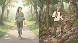 Side-by-side illustration of walking vs hiking: a woman walking on a smooth paved park path in light walking shoes, and a gray-haired man with a daypack stepping up a rocky, root-covered forest trail in hiking shoes
