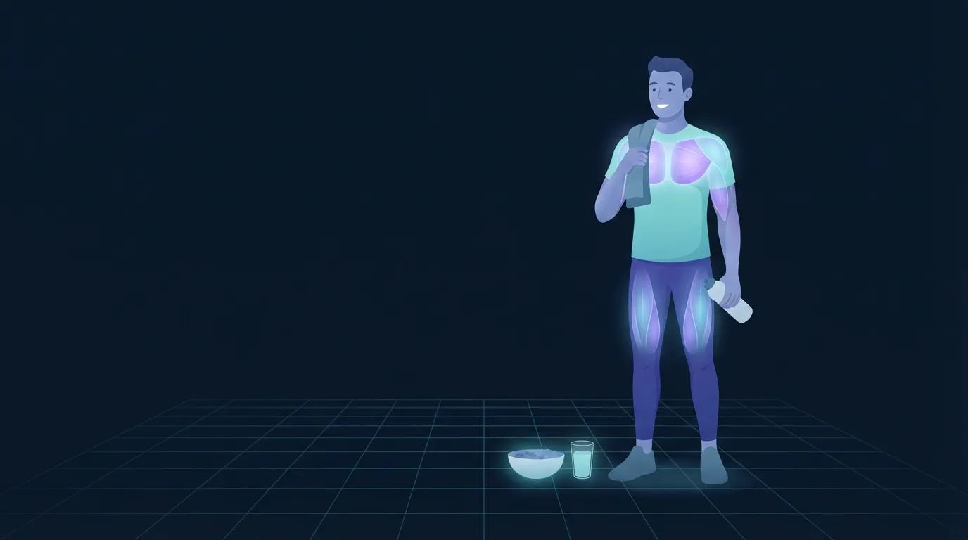 Illustration of a person standing after a workout with a towel over one shoulder and a water bottle in hand, a plain bowl of food and a glass glowing softly on the floor nearby