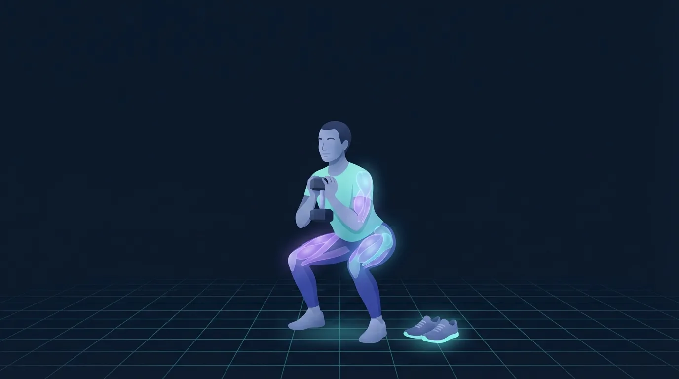 Illustration of a person at the bottom of a goblet squat holding a single dumbbell at the chest, quadriceps, glutes and upper back lit up, with walking shoes on the floor beside them