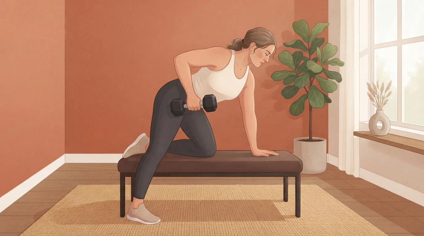A woman doing a one-arm dumbbell row on a bench in a sunlit living room with terracotta walls, the training that turns a lean bulk surplus into muscle