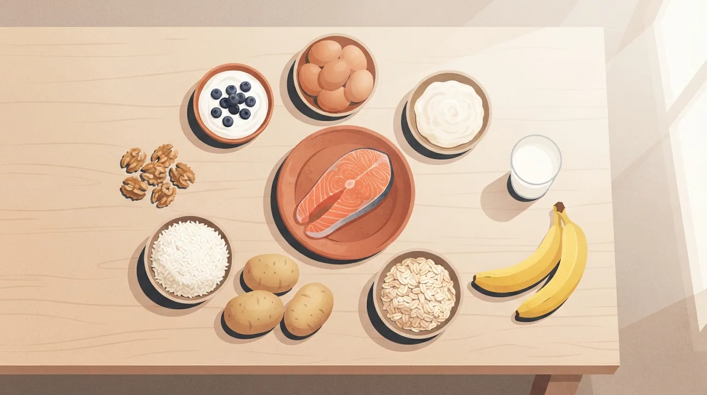 Overhead view of lean bulk foods on a sand-colored table: a salmon fillet, a bowl of eggs, Greek yogurt with berries, walnuts, a bowl of rice, potatoes, oats, bananas and a glass of milk