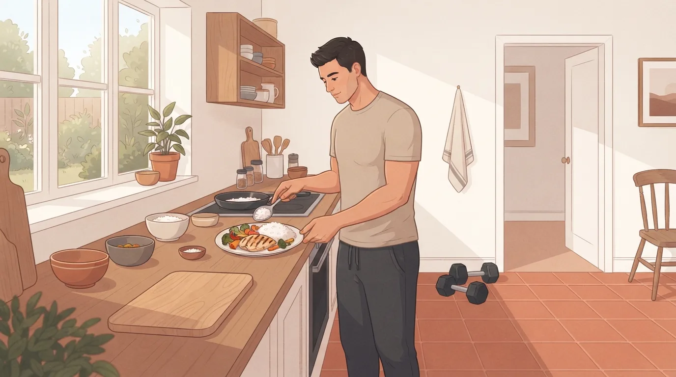A man in a warm terracotta-tiled home kitchen serving a measured plate of rice, chicken and roasted vegetables for a lean bulk, with a pair of dumbbells resting by the doorway